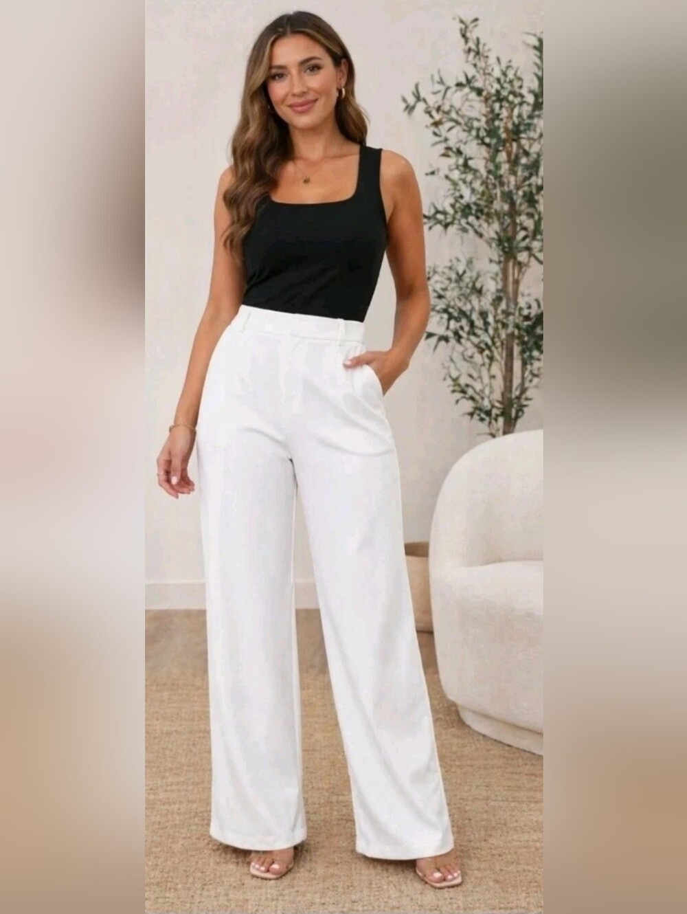 Shein Wide Leg White Dress Pants High Waist Size XL (12) Work Office Summer - Picture 1 of 4